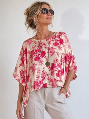 Elena Baldi Made in Italy Silk Blend Floral Batwing Blouse Pink Rose Print M NWT